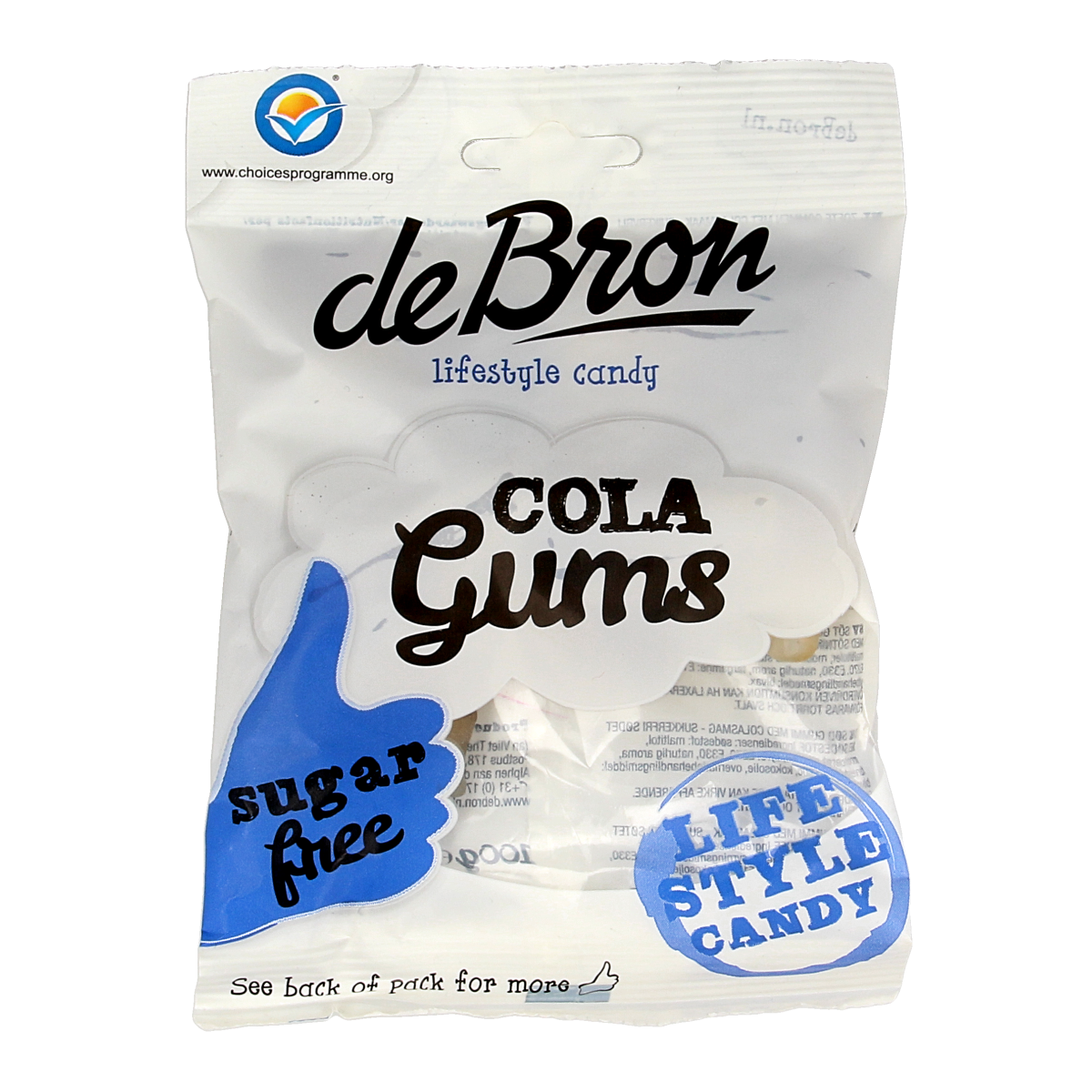 De Bron Cola gums snoepgoed, suikervrij, 100g, with colorful cola-flavored gummy candies in a clear package.