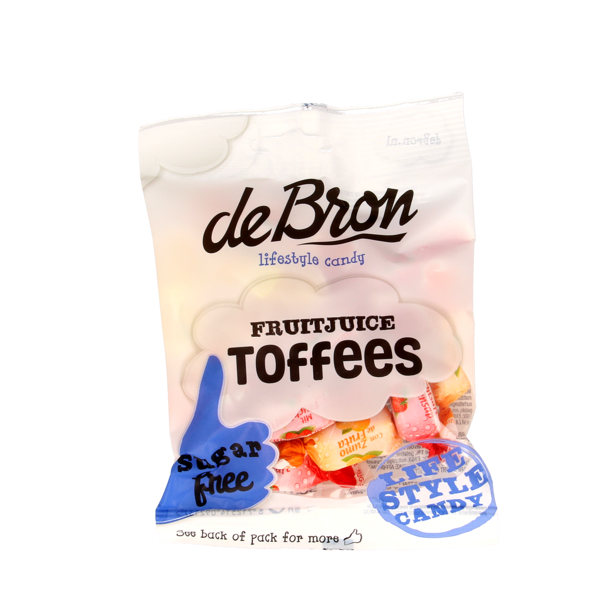 De Bron fruit toffee snoepgoed, suikervrij, 90g, showing colorful fruit-flavored toffee pieces in a clear package.