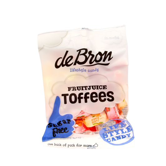 De Bron fruit toffee snoepgoed, suikervrij, 90g, showing colorful fruit-flavored toffee pieces in a clear package.
