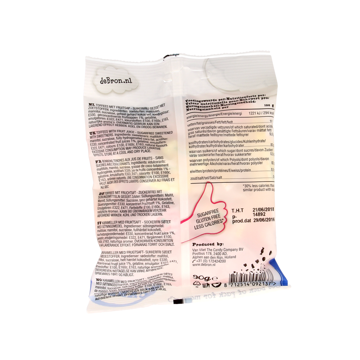De Bron fruit toffee suikervrij snoepgoed in 90g package, showing colorful, chewy toffee pieces with fruit flavors