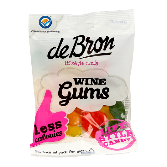 De Bron English sugar-free winegums candy in a 100g package, colorful chewy snoepgoed with fruit flavors.