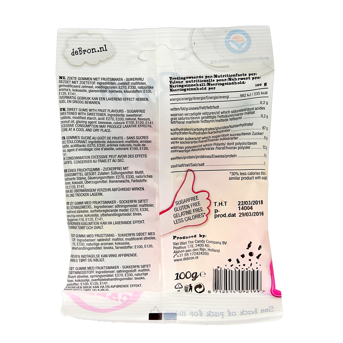 De Bron suikervrije wijngums, 100g, colorful chewy snoepgoed with fruit flavors, shown in a clear view.