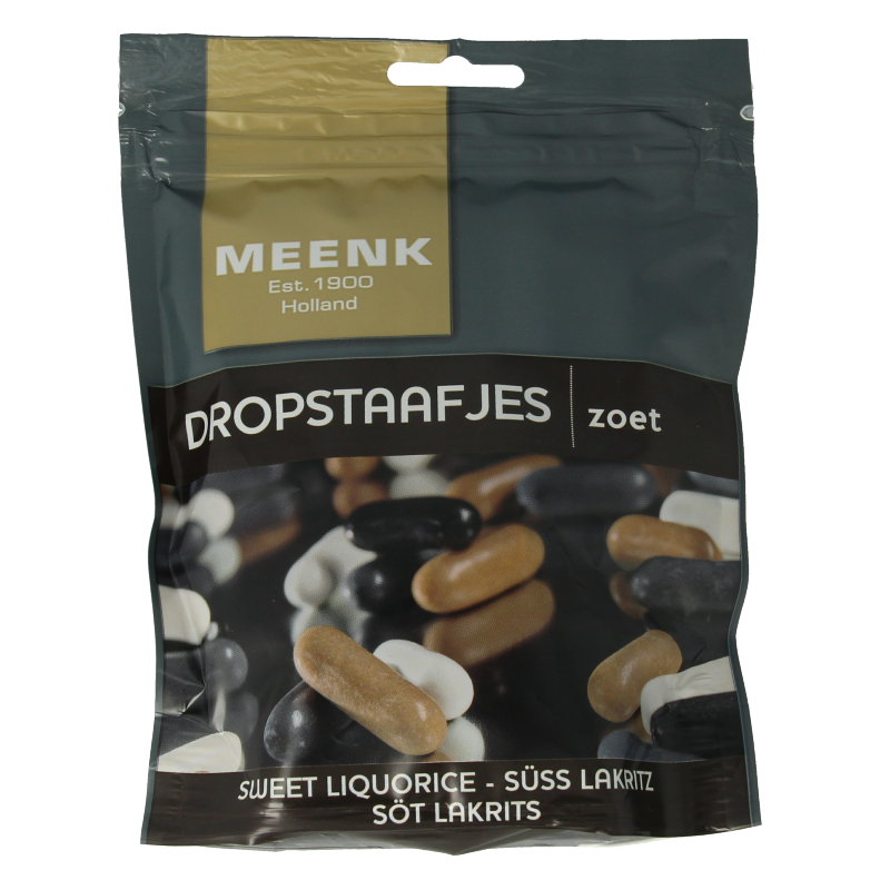 Meenk Dropstaafjes 225g, colorful candy sticks from the Meenk snoepgoed collection, showing vibrant, striped sweet treats.