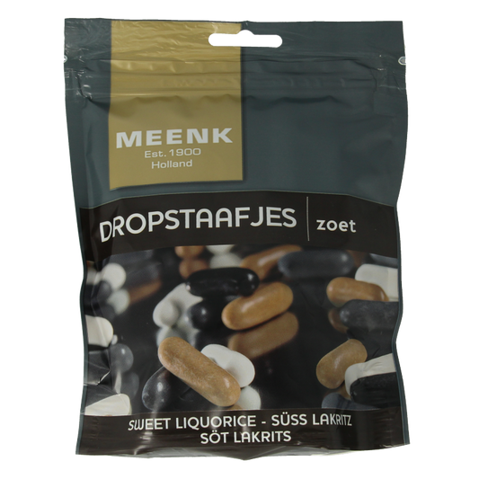 Meenk Dropstaafjes 225g, colorful candy sticks from the Meenk snoepgoed collection, showing vibrant, striped sweet treats.
