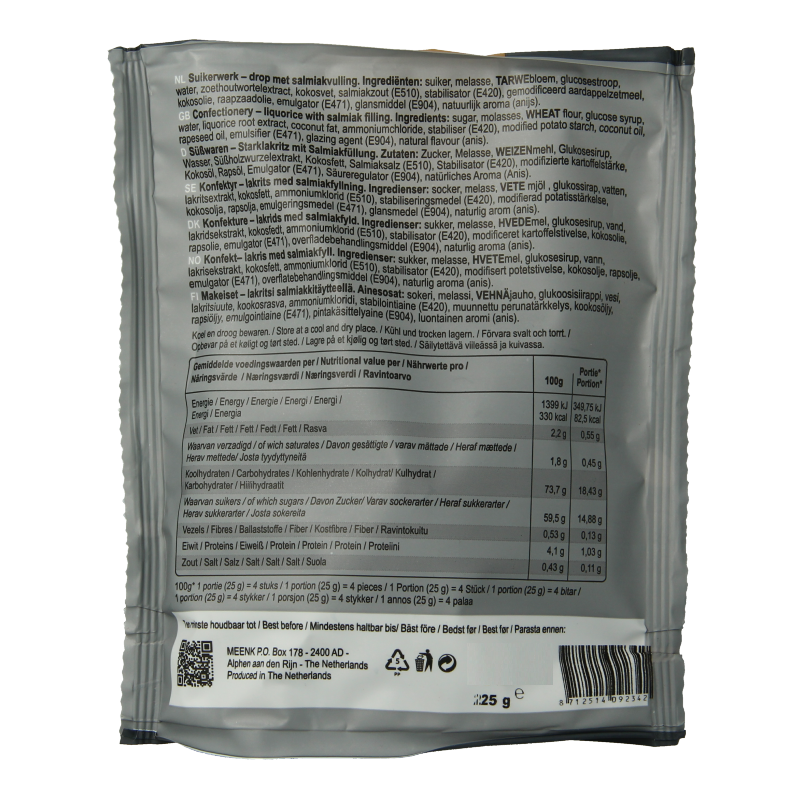 Meenk Dropstammen stazak with 225 grams of colorful candy drops, packaged in a clear container.