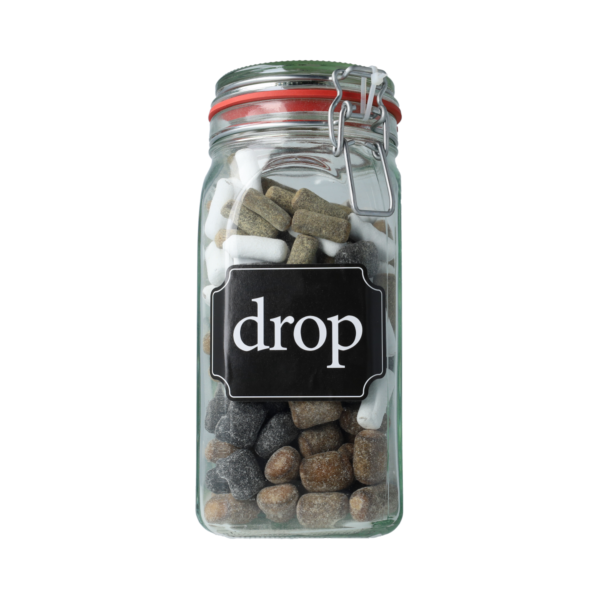 Kindly's Weckpot snoep drop in a clear glass jar, filled with colorful candy drops, on a white background.