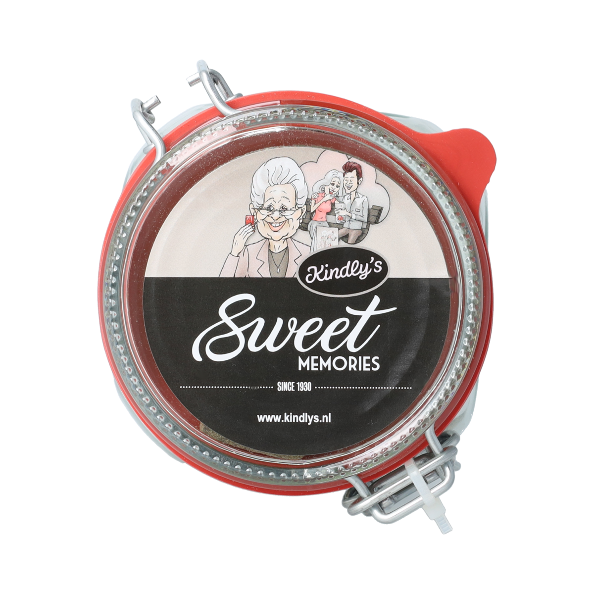 Kindly's Weckpot snoep drop candy in a clear jar, 1 kilogram, colorful chewy sweets from Kindly's snoepgoed collection.