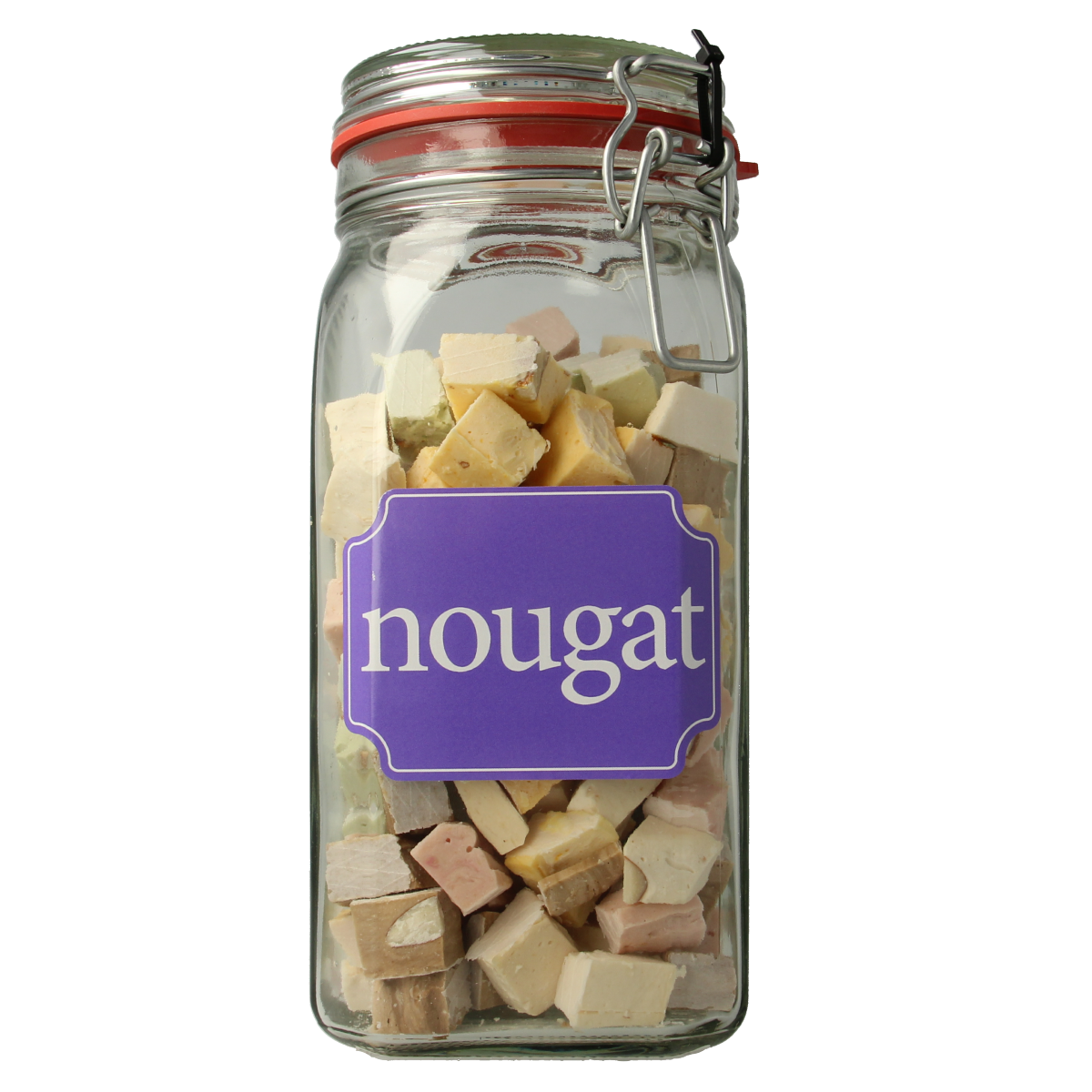 Kindly's Weckpot nougat candy in a 700g jar, showcasing creamy nougat pieces inside a clear container.