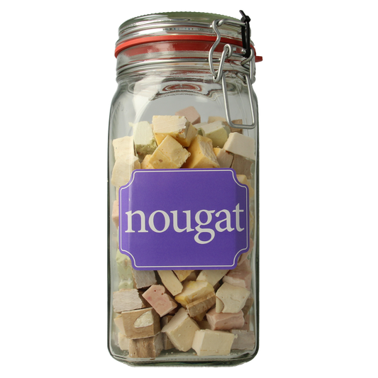 Kindly's Weckpot nougat candy in a 700g jar, showcasing creamy nougat pieces inside a clear container.