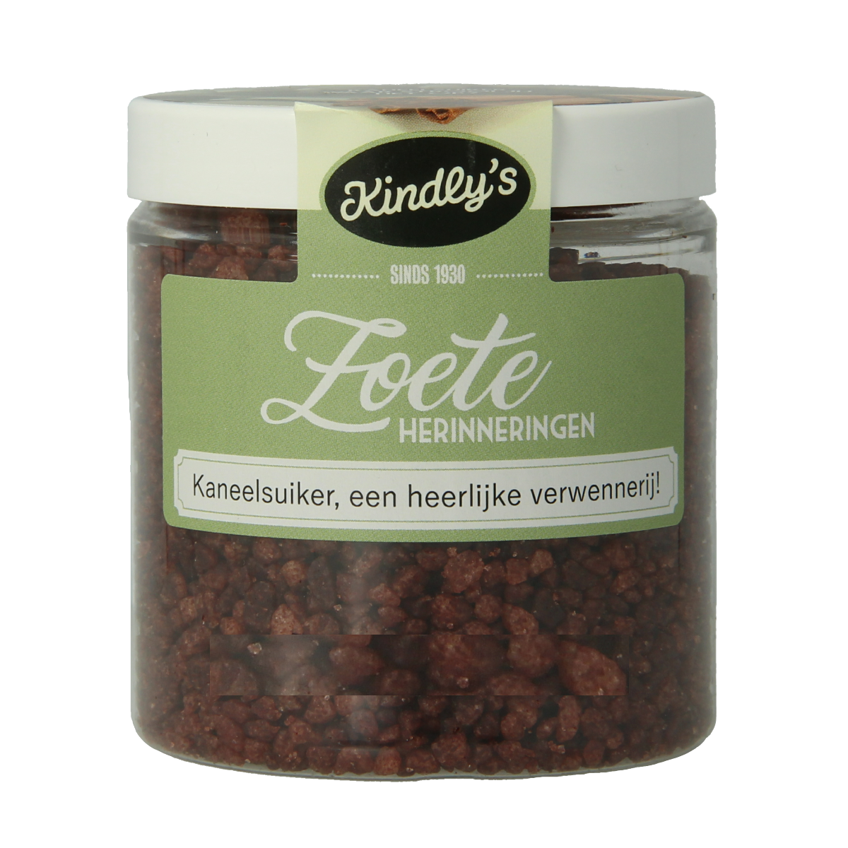 Close-up of Kindly's Kaneelsuiker jar showing the 175g label, with cinnamon-flavored sugar crystals inside.