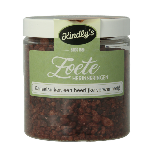 Close-up of Kindly's Kaneelsuiker jar showing the 175g label, with cinnamon-flavored sugar crystals inside.