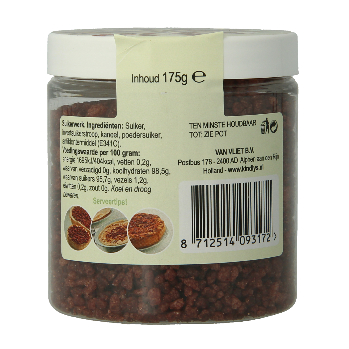 Container of Kindly's Kaneelsuiker, 175g jar of cinnamon-flavored sugar for baking and cooking.