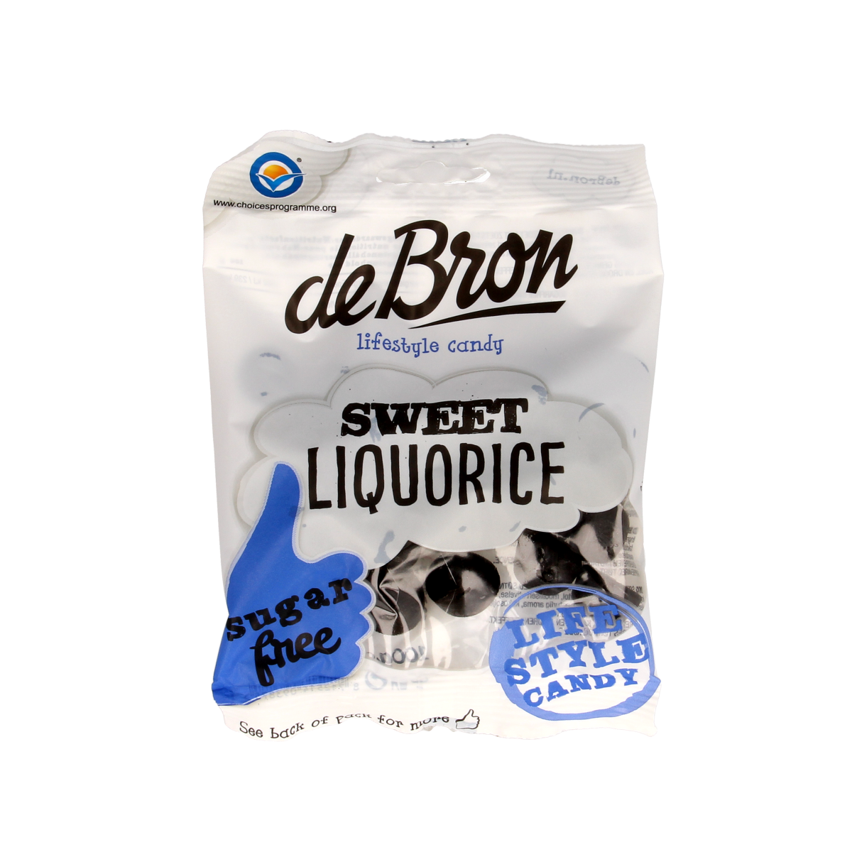 De Bron zoete dropbolletjes, suikervrije liquorice snoepgoed in 100g package, with black and red candy drops.