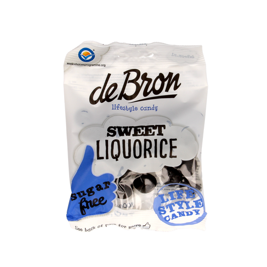 De Bron zoete dropbolletjes, suikervrije liquorice snoepgoed in 100g package, with black and red candy drops.