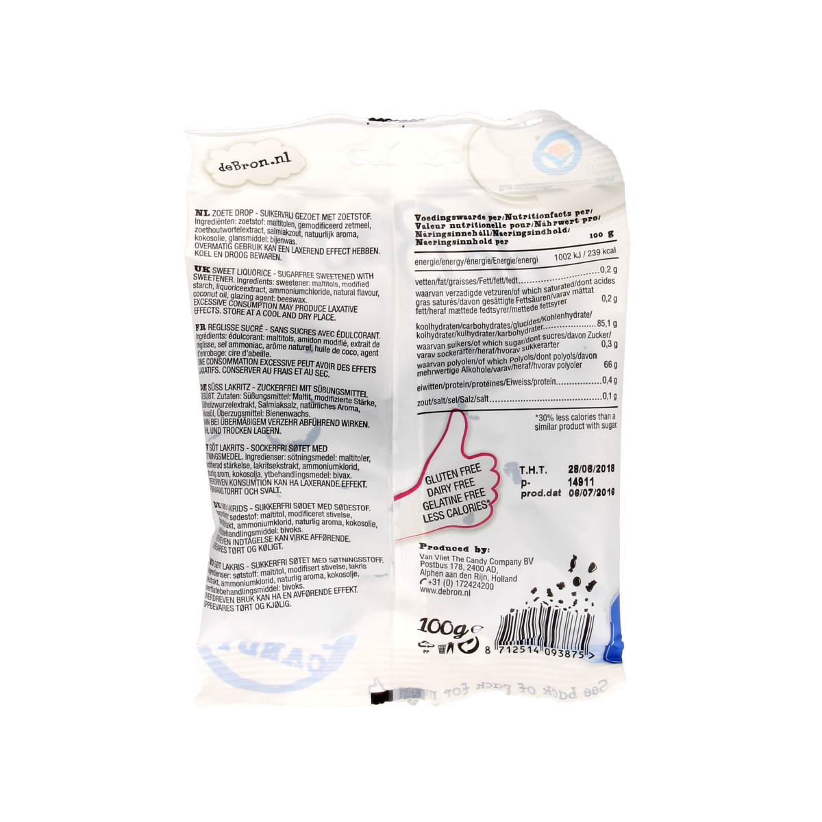 De Bron zoete dropbolletjes, suikervrije liquorice snoepgoed in 100g package, with black and licorice-flavored candies.