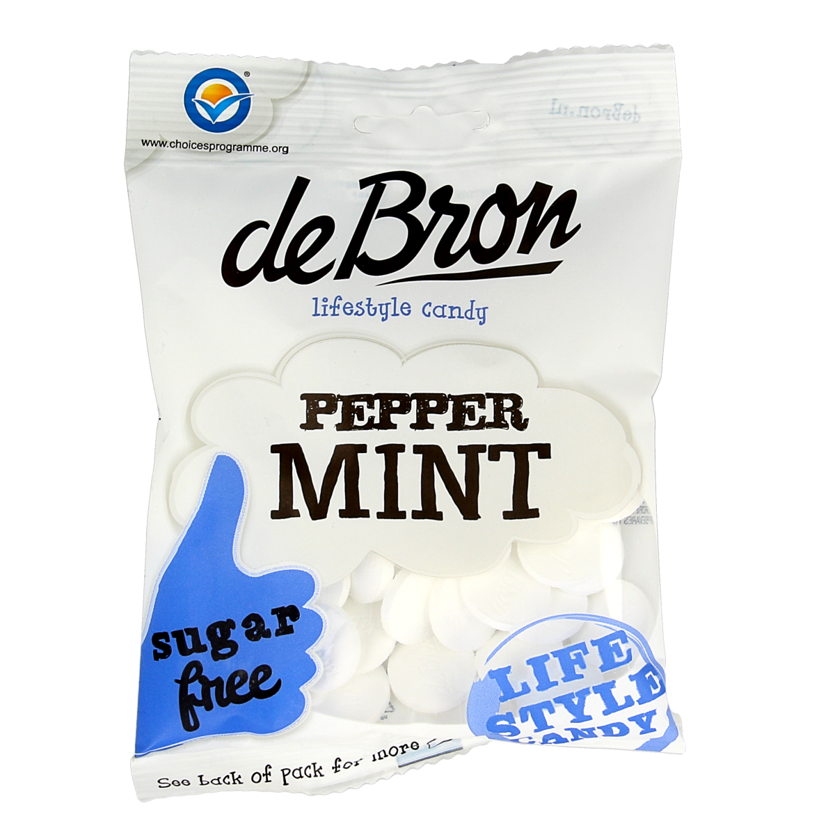 De Bron Pepermunt suikervrij snoepgoed in 80g packet, showing fresh peppermint candies with bright packaging.