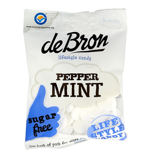 De Bron Pepermunt suikervrij snoepgoed in 80g packet, showing fresh peppermint candies with bright packaging.