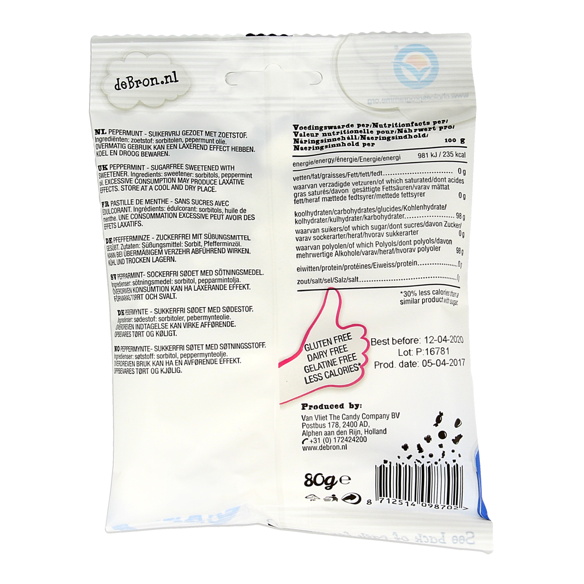 De Bron Pepermunt suikervrij snoepgoed in 80g pack, showing green peppermint candies in clear wrapper.