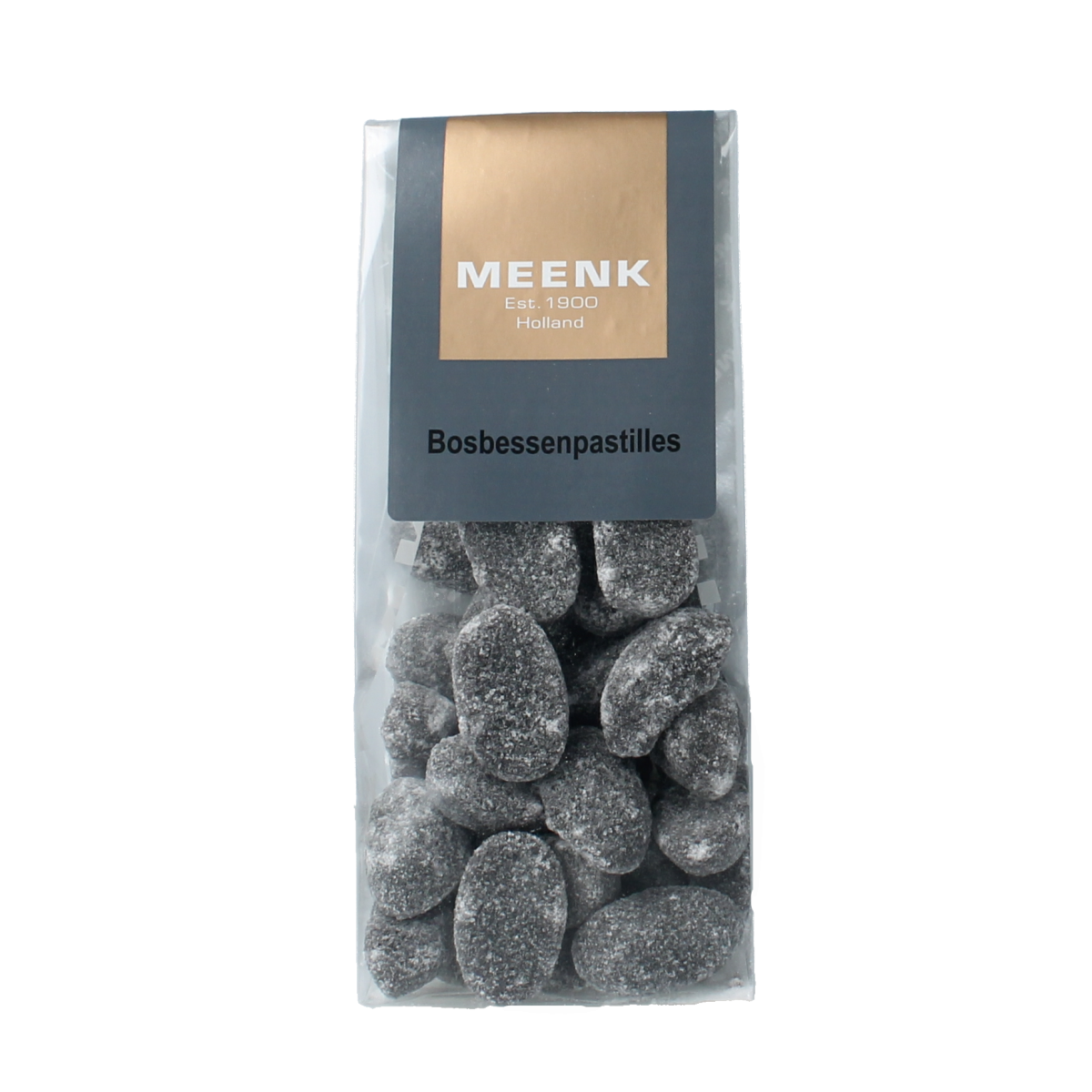 Meenk Bosbessen pastilles in a 160g package, blueberry-flavored snoepgoed with blue and purple candies.