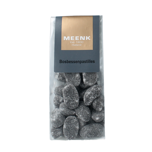 Meenk Bosbessen pastilles in a 160g package, blueberry-flavored snoepgoed with blue and purple candies.