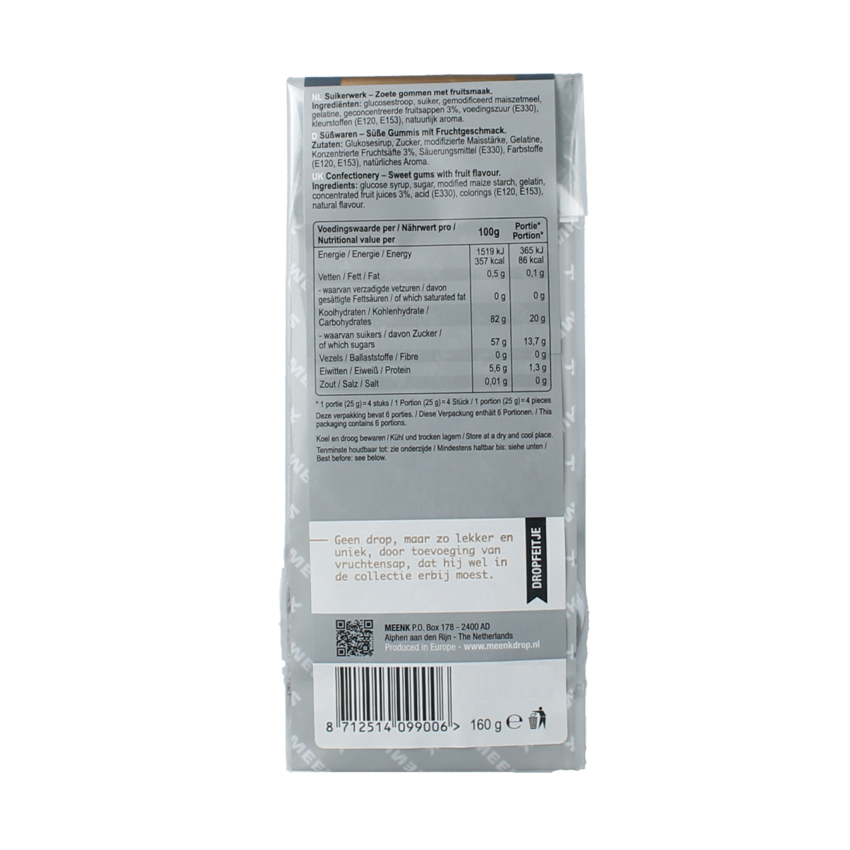 Meenk Bosbessen pastilles in a 160g package, blueberry-flavored snoepgoed by Meenk, shown in the image.