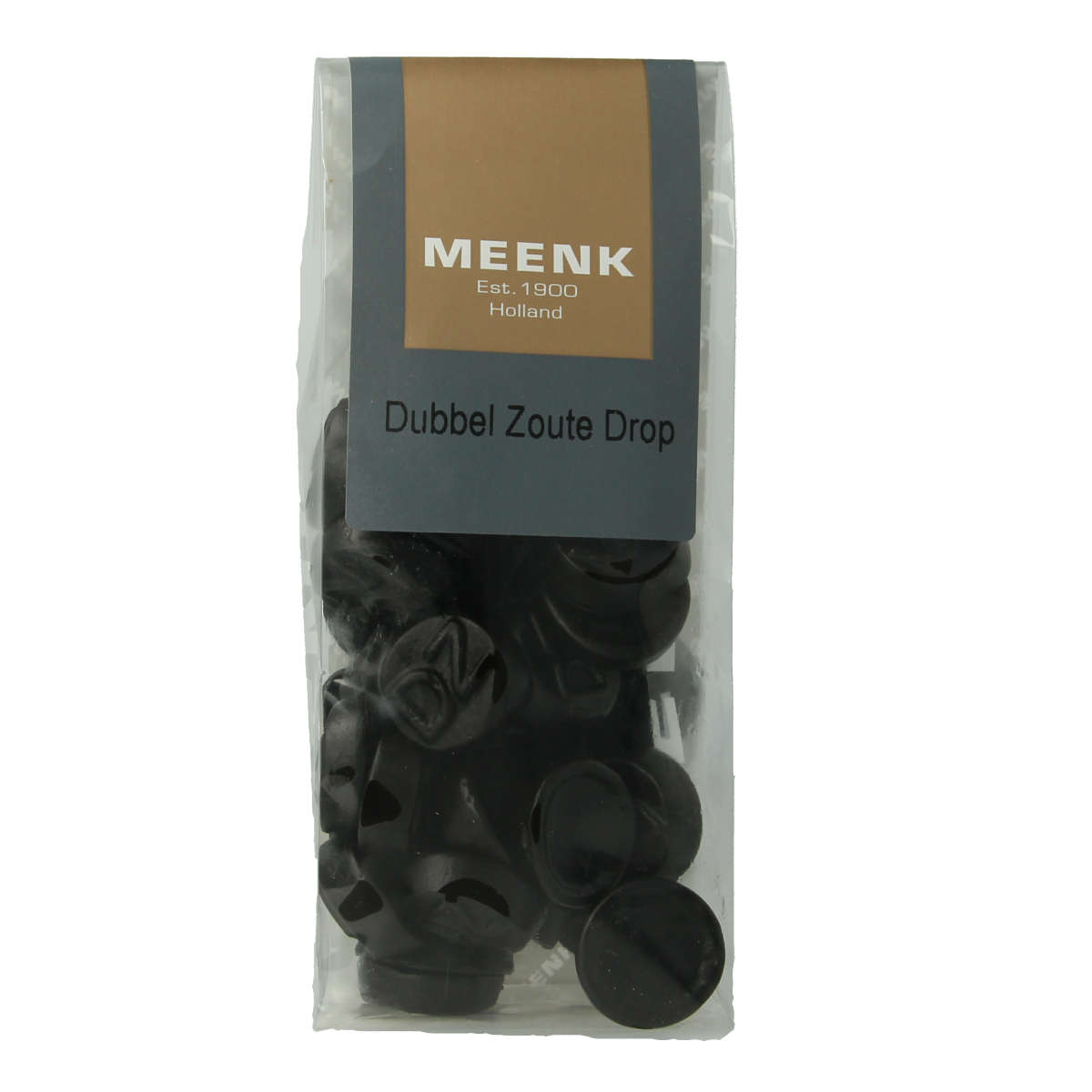 Meenk Dubbelzoute Drop, 180g, Dutch candy with a salty-sweet flavor, shown in the image with colorful candies in a clear package.