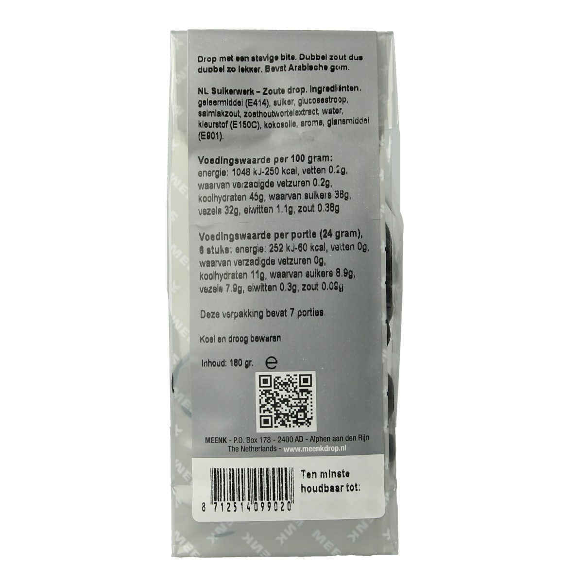Meenk Dubbelzoute Drop, 180g, Dutch salty candy with a crunchy texture and bold flavor, shown in a clear package.