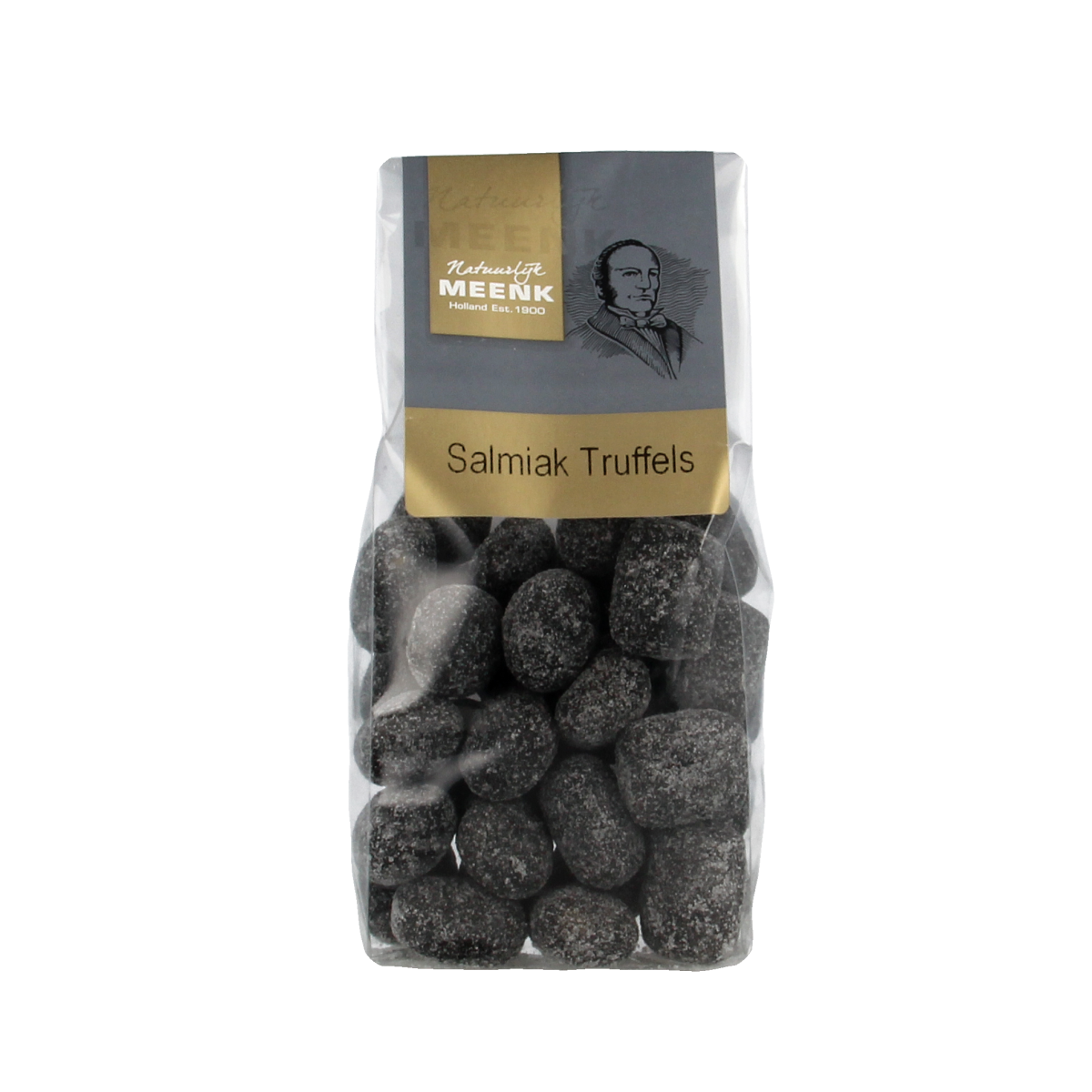Meenk Salmiak truffles in a 180g package, salty licorice-flavored snoepgoed with dark chocolate coating.