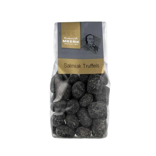Meenk Salmiak truffles in a 180g package, salty licorice-flavored snoepgoed with dark chocolate coating.