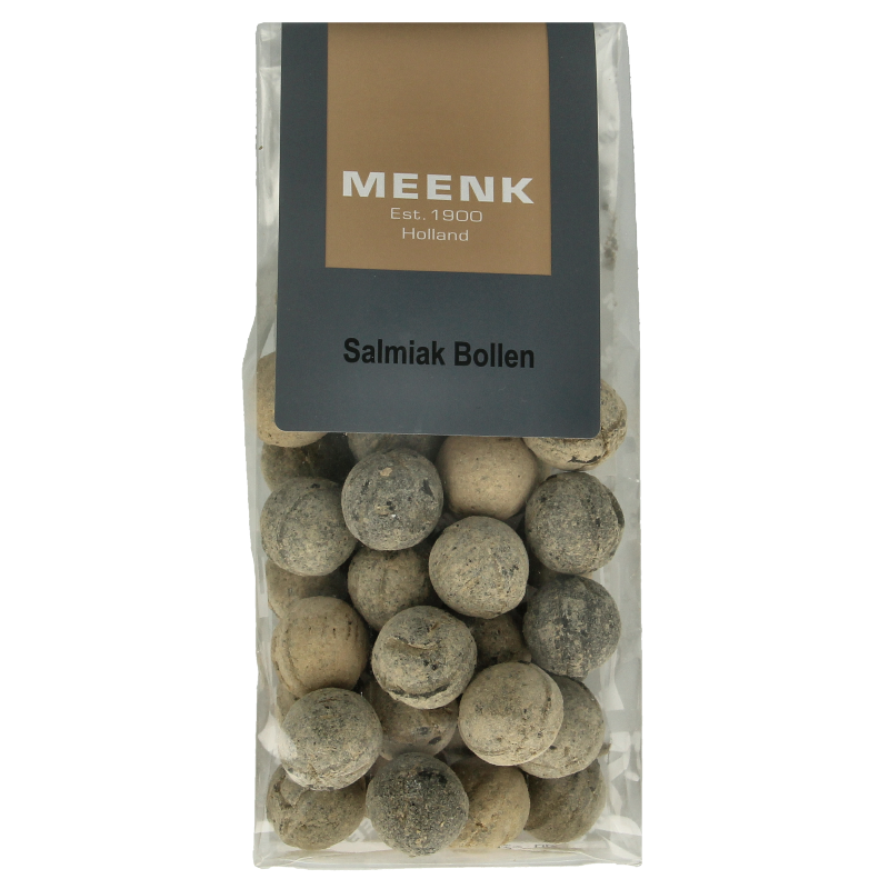 Meenk Salmiak Bollen candy in 180g package, salty licorice sweets from the Meenk snoepgoed brand, shown in the image.