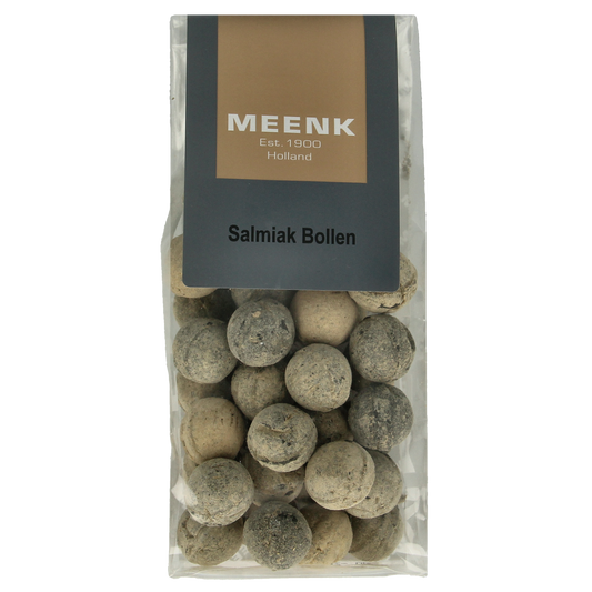 Meenk Salmiak Bollen, 180g, Dutch salty licorice candies in a colorful package, by Meenk.