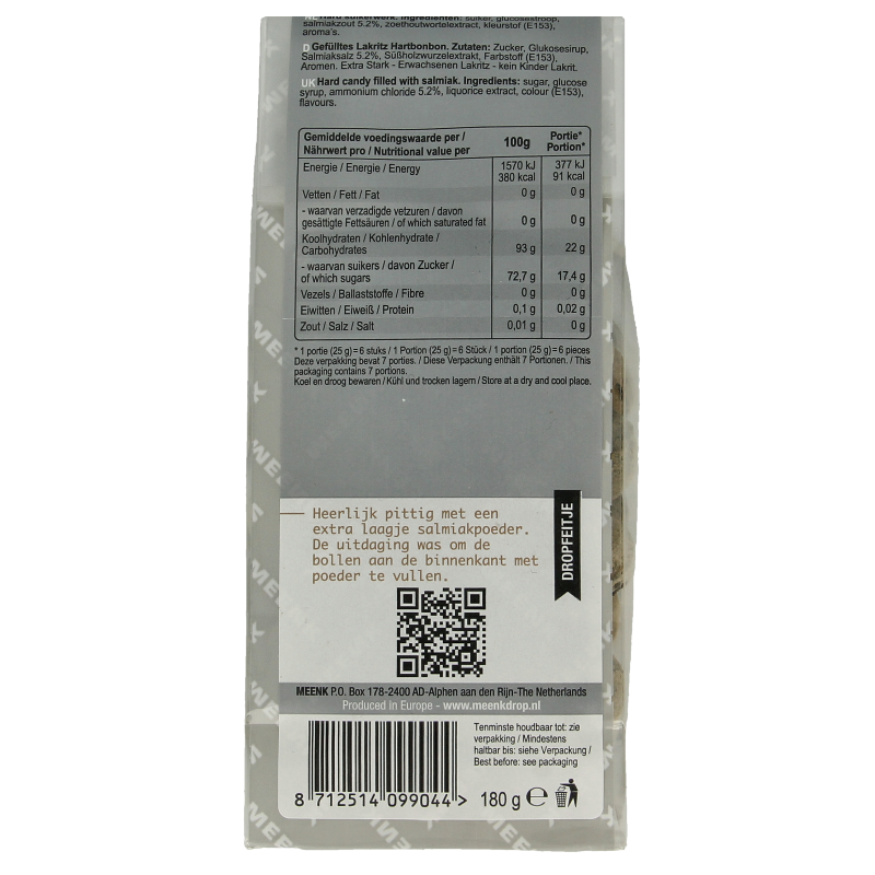 Meenk Salmiak Bollen, 180g, salty licorice candy, Dutch snack with black salty licorice spheres in a clear package