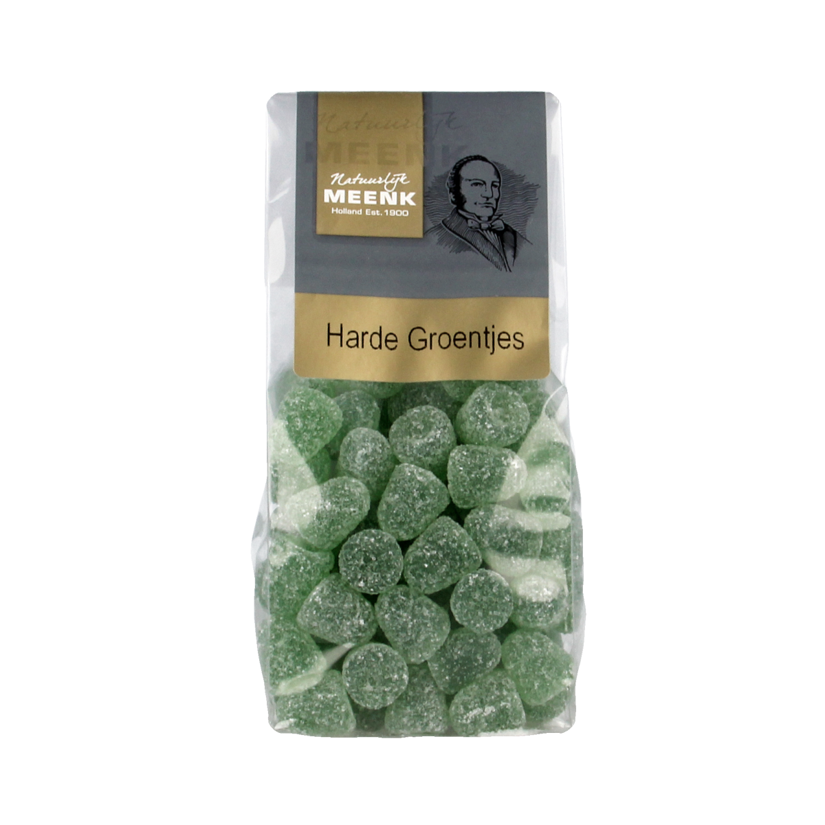Meenk Harde groentjes snoepgoed in 180g package, colorful candy shaped like vegetables, displayed in a clear bag with branding.