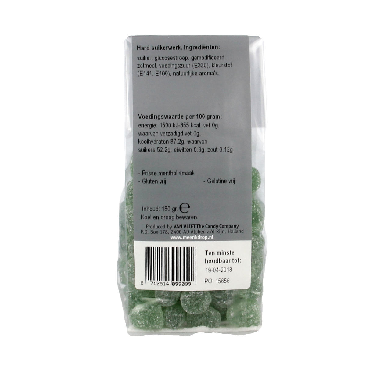 Meenk Harde groentjes snoepgoed in 180g package with colorful vegetable-shaped candies from the Meenk brand.