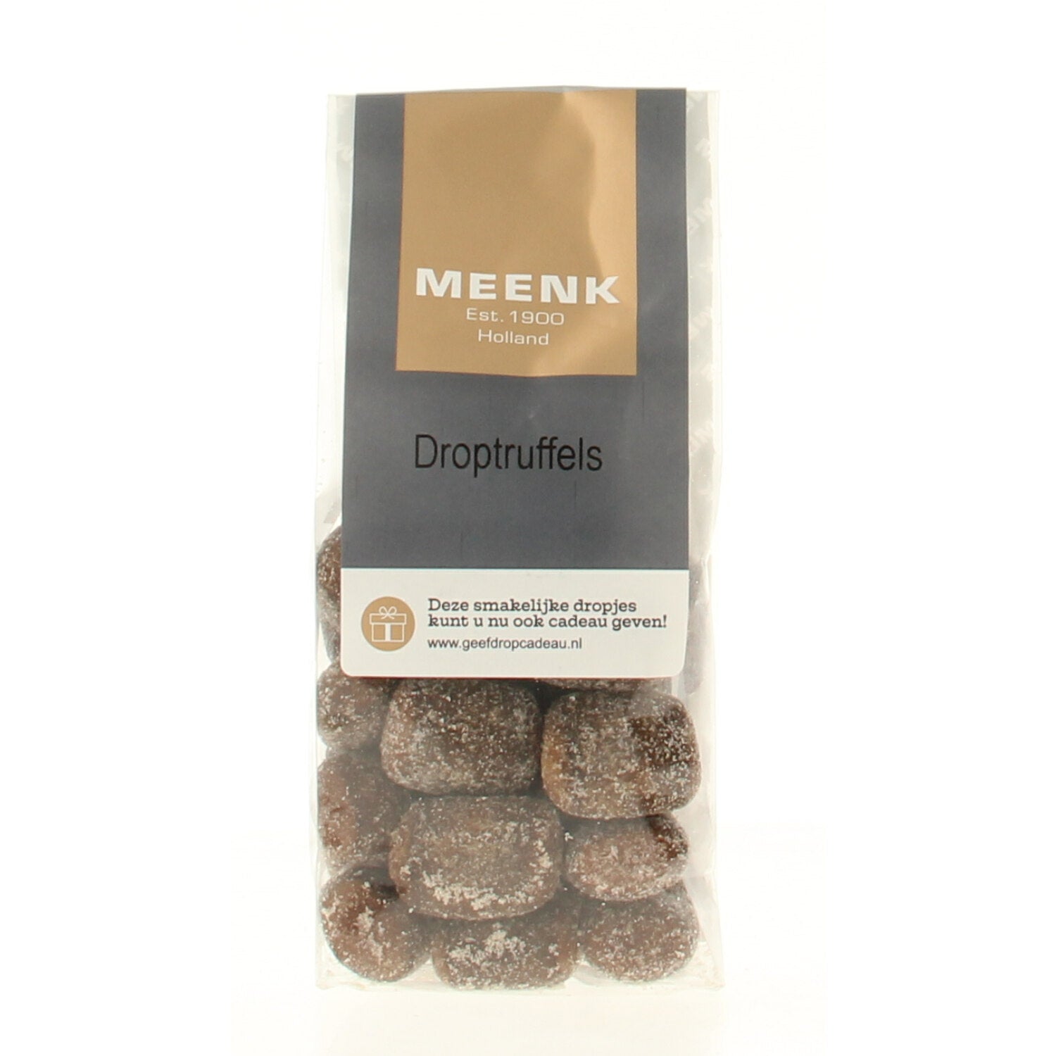 Meenk Droptruffels snoepgoed in 180g package, featuring chocolate truffles with a smooth, creamy texture.
