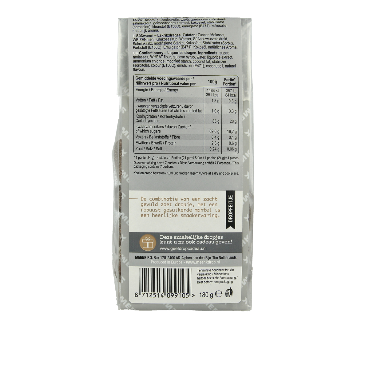 Meenk Droptruffels snoepgoed in 180g bag with chocolate-coated truffles and a glossy, rich appearance.