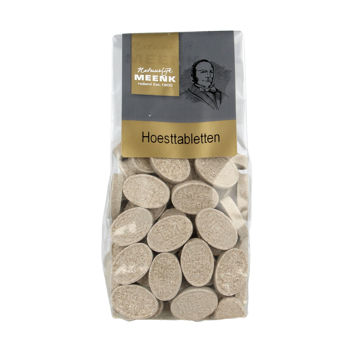 Meenk Hoesttabletten herbal throat lozenges in a 180g package, soft candy for soothing cough relief.