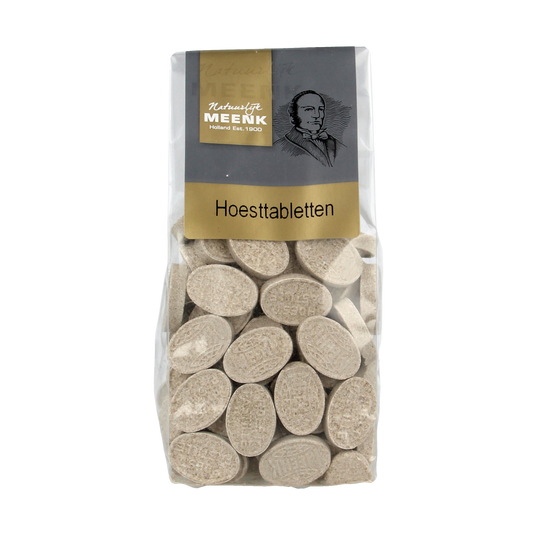 Meenk Hoesttabletten herbal throat lozenges in a 180g package, soft candy for soothing cough relief.
