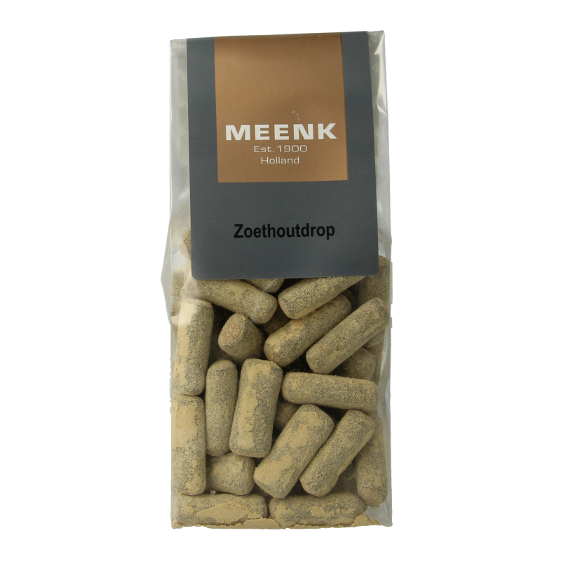 Meenk Zoethoutdrop snoepgoed in 180g package, showing chewy licorice drops from the Meenk brand.