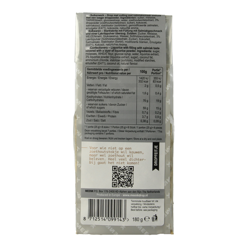 Meenk Zoethoutdrop snoepgoed in 180 gram package, showing golden-brown licorice candies from the Meenk brand.