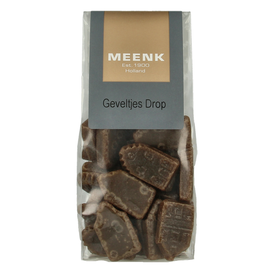 Meenk Geveltjesdrop, 180 grams, colorful Dutch candy drops displayed in a clear container, showcasing bright, fruit-flavored sweets.