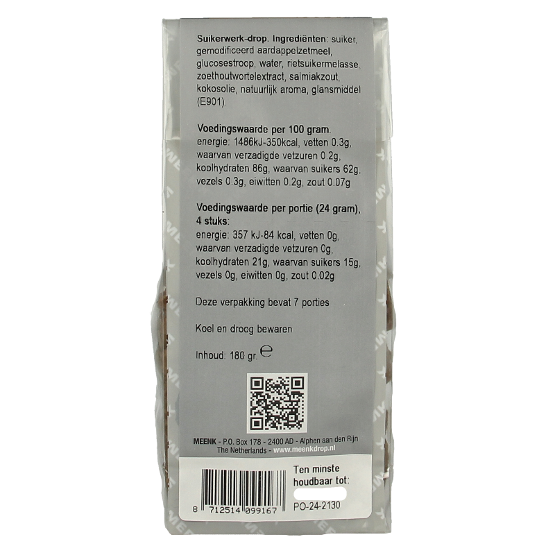 Colorful Meenk Geveltjesdrop snoepgoed in 180g bag, vibrant chewy candies from Meenk displayed in a clear image.