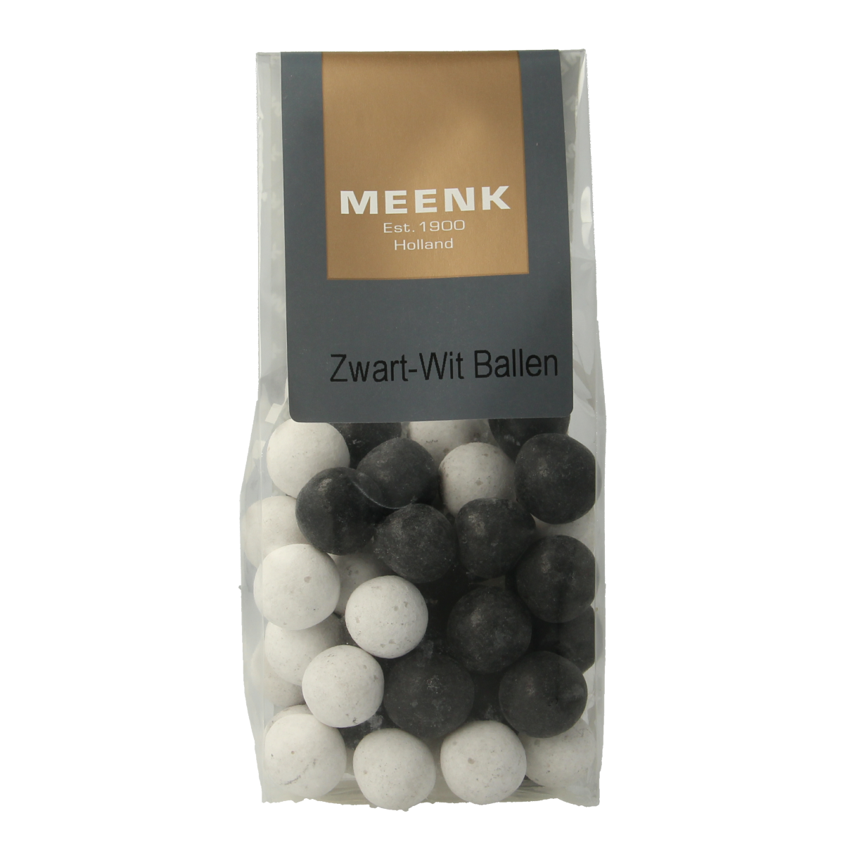 Meenk Zwart Wit Ballen snoepgoed, 170g, featuring black and white candy balls with a glossy finish.