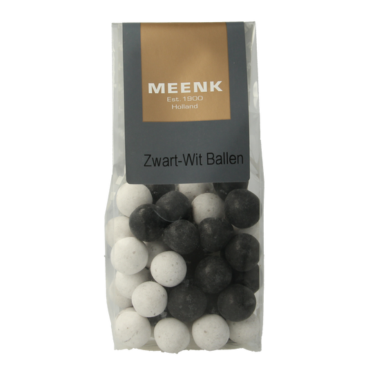 Meenk Zwart Wit Ballen snoepgoed, 170g, featuring black and white candy balls with a glossy finish.