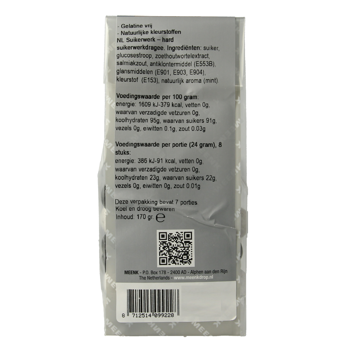 Meenk Zwart Wit Ballen snoepgoed, 170g, black and white candy with a glossy finish.