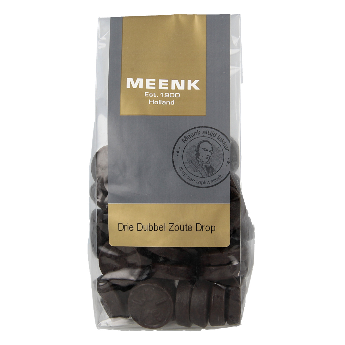 Meenk 3 Dubbel zoute drop candy in 180g package, showing black licorice pieces with salted coating on a white background.