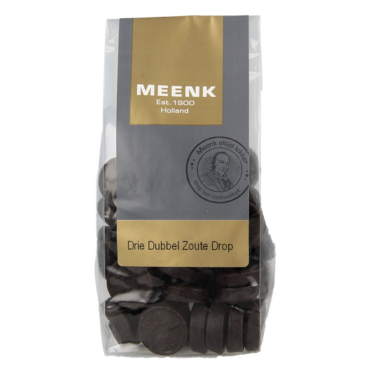 Meenk 3 Dubbel zoute drop candy in 180g package, showing black licorice pieces with salted coating on a white background.