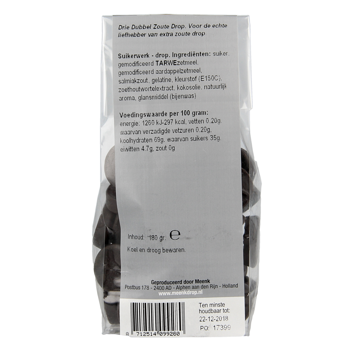 Meenk 3 Dubbel zoute drop, 180g, Dutch salty licorice candy in a colorful package, by Meenk.