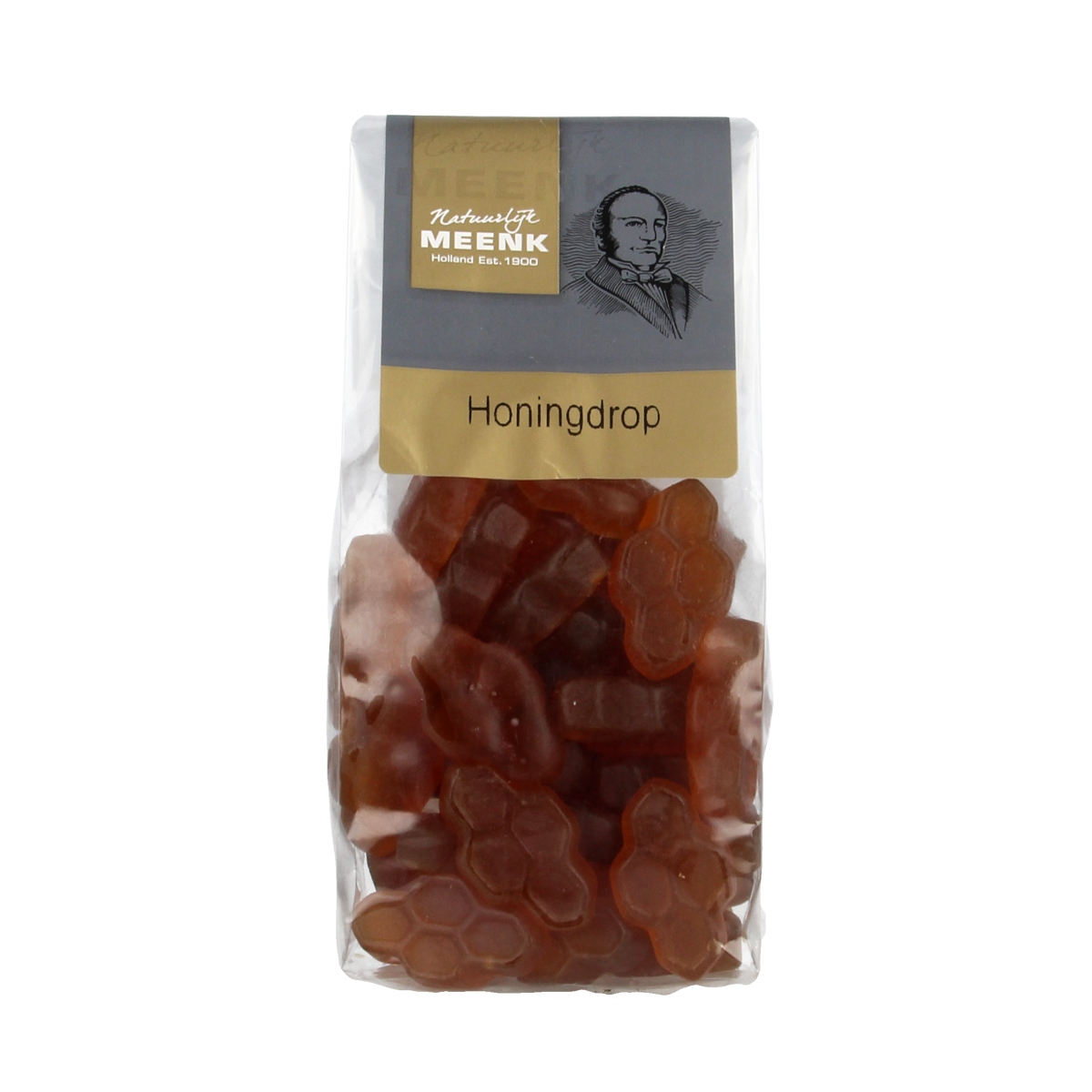 Meenk Honingdrop snoepgoed in 180g package, golden honey candy with a glossy finish, from the Meenk brand.