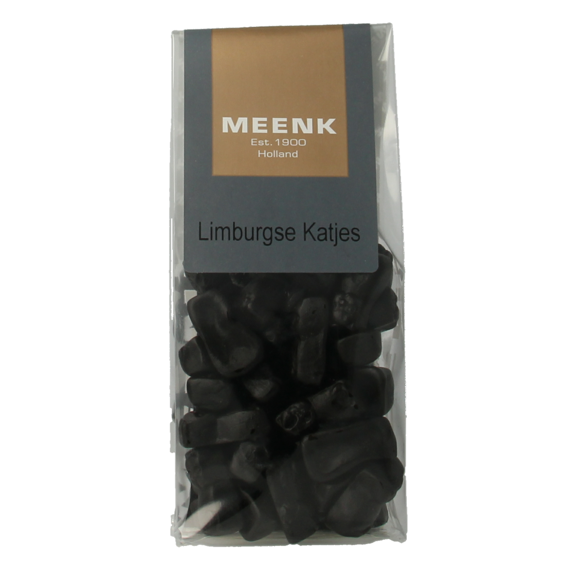 Meenk Limburgse katjes snoepgoed in 180g package, colorful soft licorice candies, brand Meenk, close-up view.